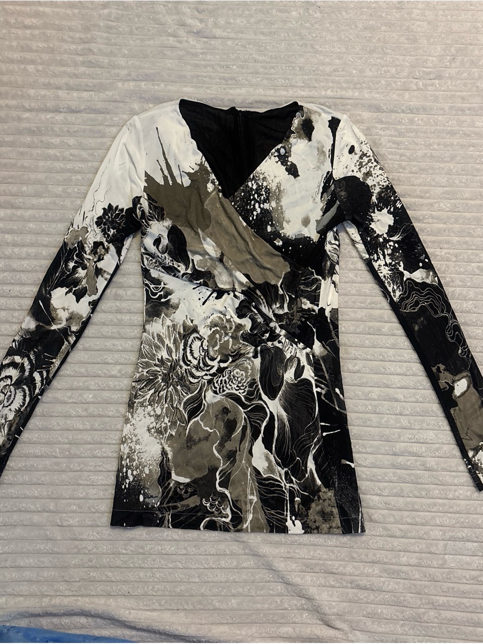Roberto Cavalli Black White And Olive Abstract Floral Long Sleeve Top